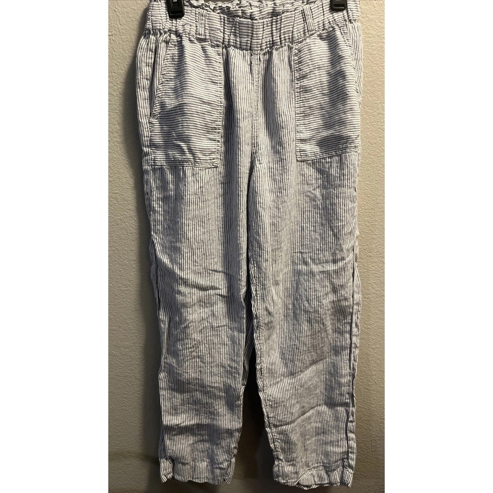 C&C California Pants Womens M Blue Striped Linen Pull On Elastic Waist Casual